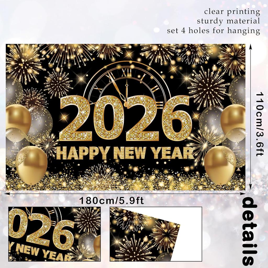 Black Gold Happy New Year 2026 Banner, New Years Eve 2026 Banner, NYE Party Decorations Photo Background for Boys, Girls, Friends, Celebrations Party