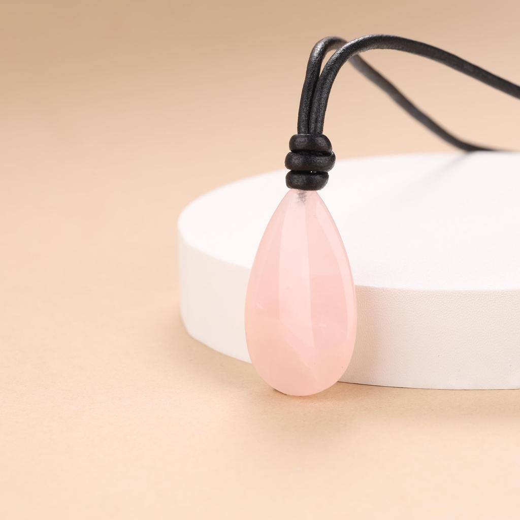 Rose Quartz Teardrop Love Charm Leather Necklace for Men and Women [KOAI]
