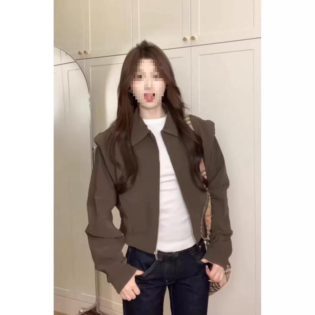 2025 Women's Fashionable Brown Short Jacket with Zipper Lapel - Perfect for Early Autumn and Spring