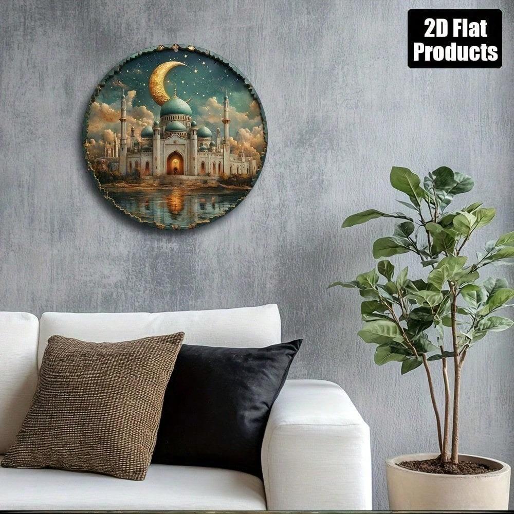Eid Mubarak Round Metal Sign 8x8 Inch Islamic Wall Art Aluminum Decor for Home Kitchen Office Holiday Gift