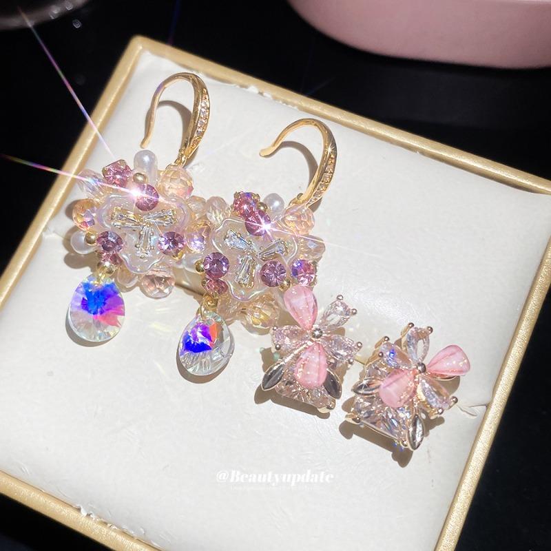 Pink Bubble~ Super Beautiful Zircon Resin Flower Ear Hook French Sweet Versatile Stud Earrings Great Looking Fairy Earrings