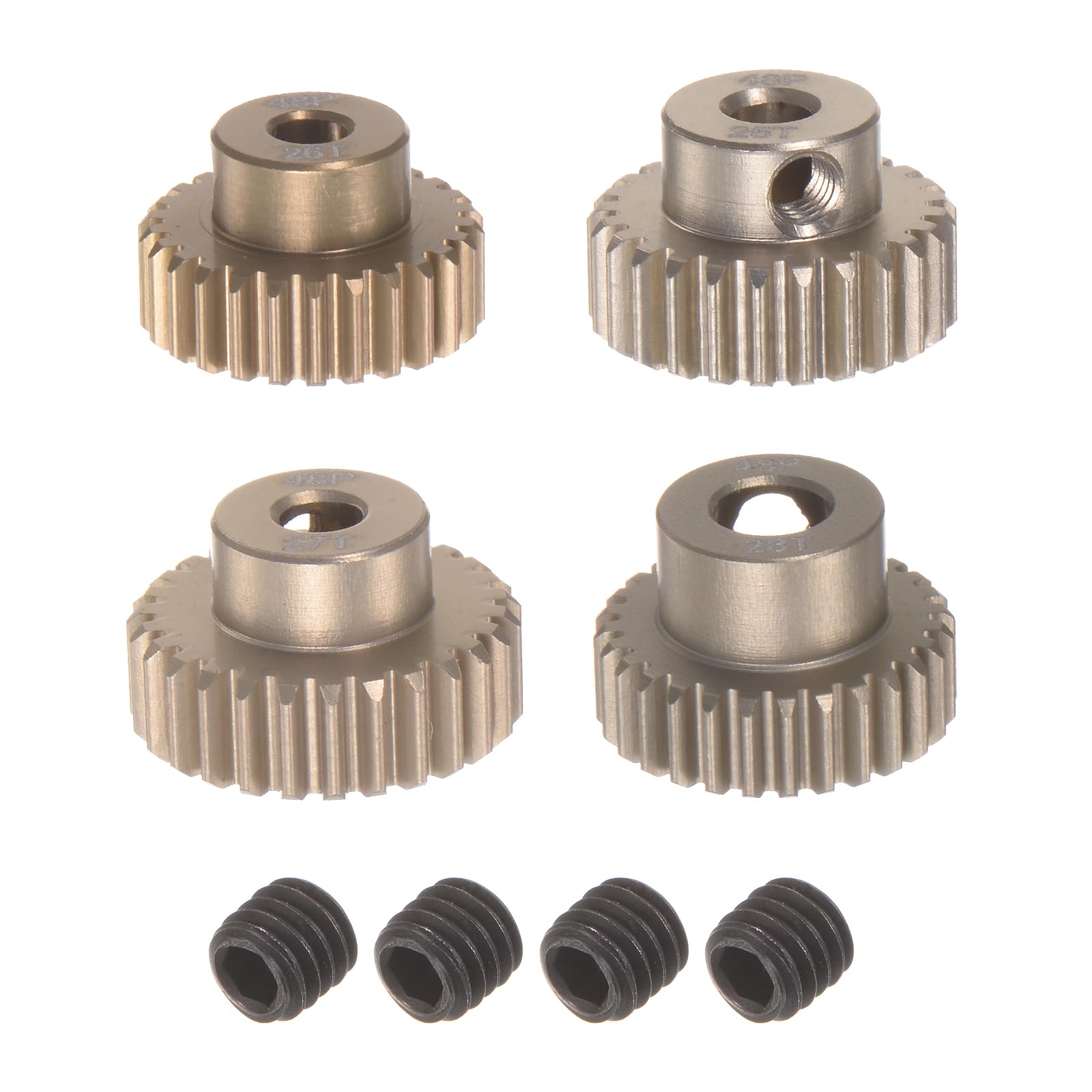 

uxcell 48P Pinion Gear Set with 3.175mm (1/8 ) Shaft, 25T, 26T, 27T, 28T Aluminum Alloy Motor Gears for 1/10 RC Car (Set of 4)