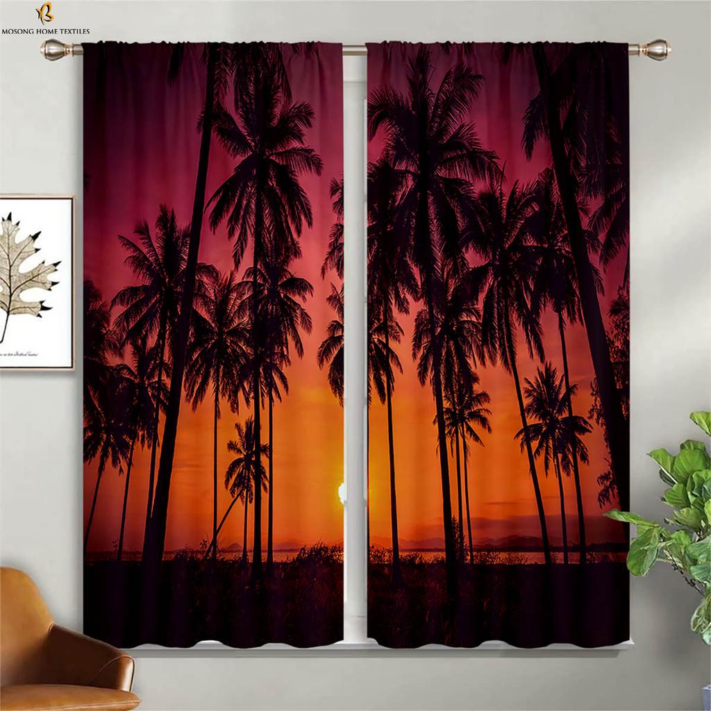 Seaside Scenery Decorative Curtains Beach Coconut Trees Blue Sky Sunset Sea View Room Living Balcony Printed Made Of Polyester Window Treatment