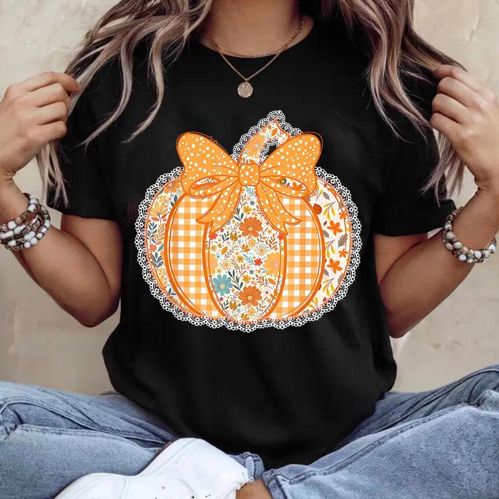 Preppy Floral Pumpkin Harajuku Tshirt Female Fashion Retro Tshirt Oversized Tshirt Casual Style Street Trend Graphic Y2K