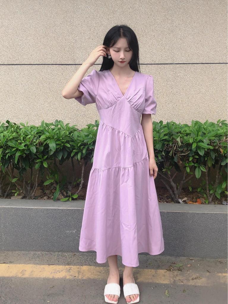 Damen High-End Lila Petite Puffärmel Langes Kleid für den frühen Frühling