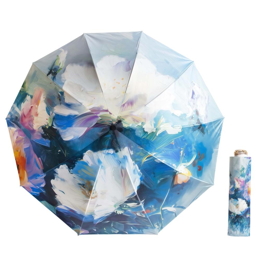 Vintage Oil Paint Print Folding Umbrella - Reinforced Wind & Rain Protection, Uv Sunscreen, Perfect For Daily Use & Travel, Idea