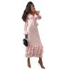 European and American Cross-border Women's Clothing 2026 Spring New Long-sleeved Horn-sleeved Ruffle Edge Printed V-neck Slim-fitting Temperament Dres
