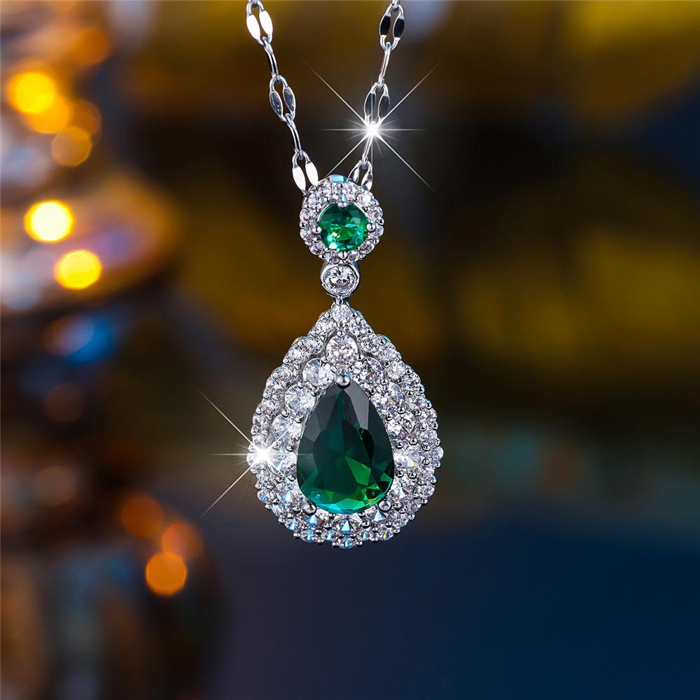 

Luxury Female Crystal Green Red Zircon Stone Water Drop Pendant Necklace Vintage Silver Color Wedding Jewelry For Women зелений