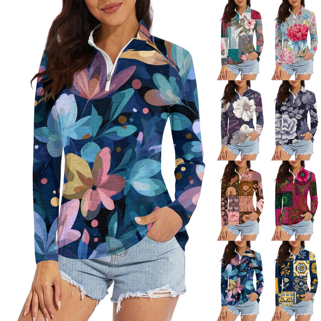 Women's Casual Fashion Retro Floral Print Long Sleeve Zipper Neck Top T-shirt