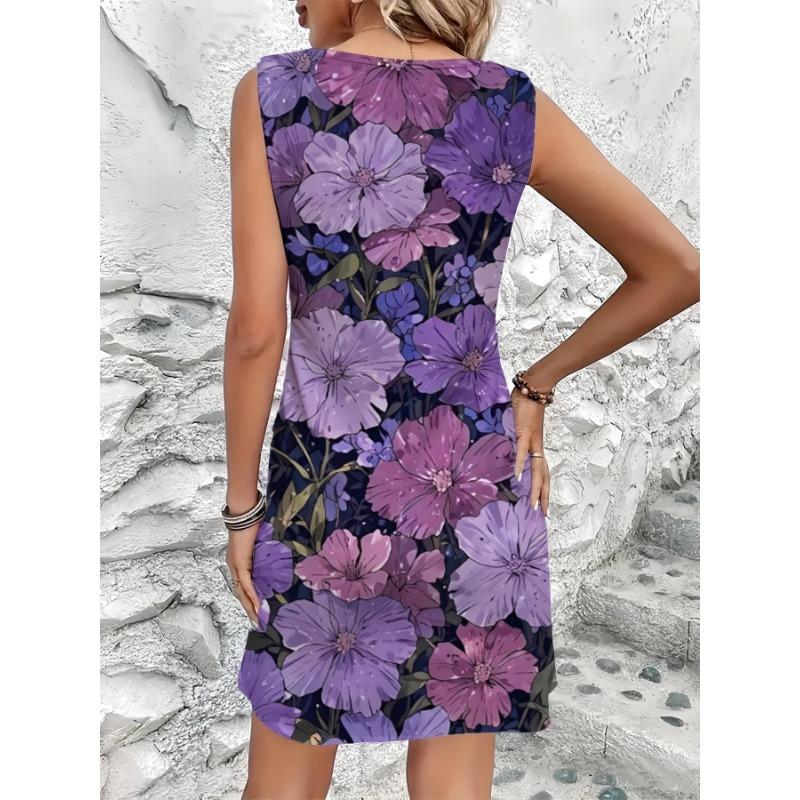 Women's 3D Printed Floral Maxi Dress| Vibrant Purple and Green Floral Pattern, Sleeveless, Round Neck