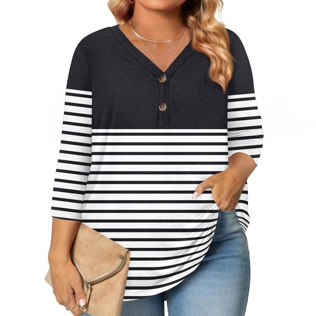 Womens 3/4 Length Sleeve Tops Plus Size Button Down V Neck Shirts Blouses Casual Printing Loose