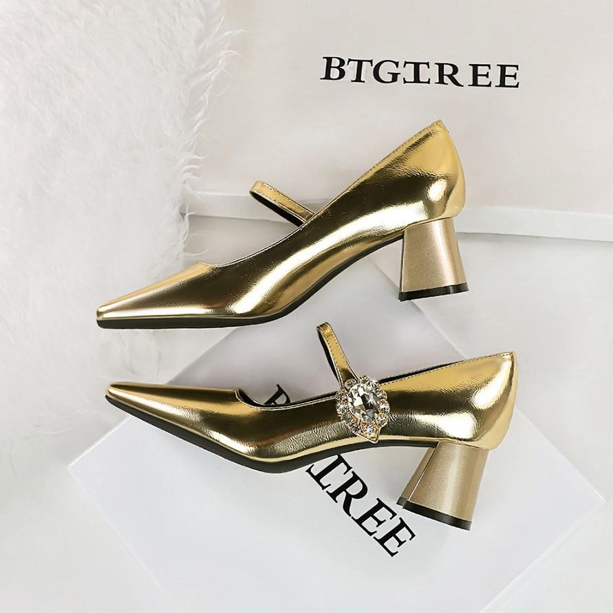 Women's Shoes with Thick Heel, Shallow Mouth, Square Toe, Rhinestone Buckle, Straight Strap, Single Shoe for Women