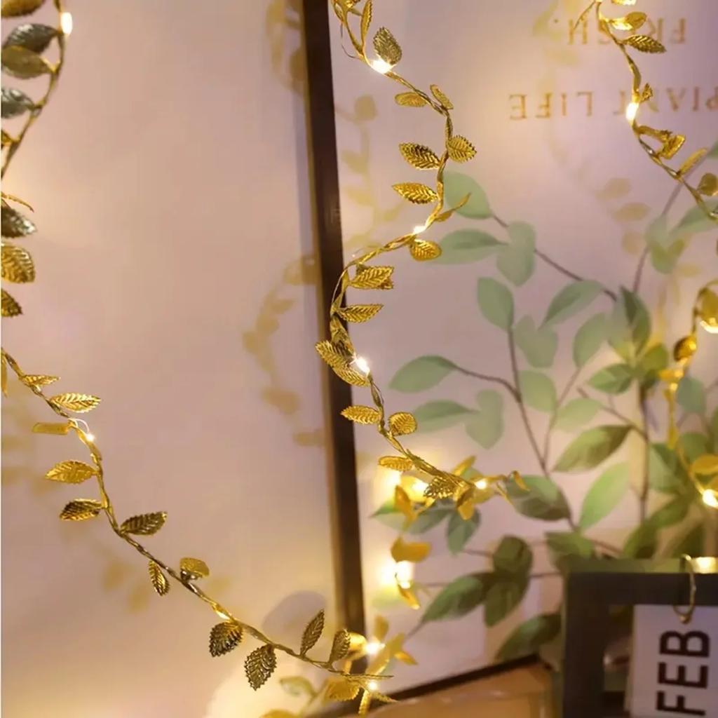 20/50/100LEDs Golden Silver Tiny Leaves Fairy Light Battery Powerd Artificial Plant Garland Vine Lights For Wedding Home Party