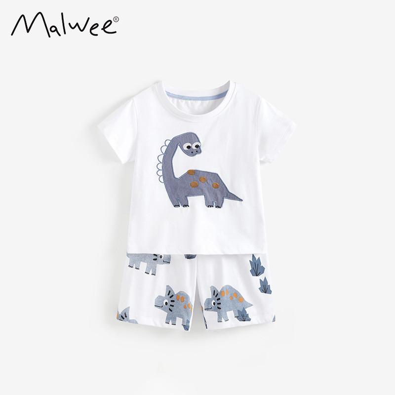 Malwee Boy Summer Cotton T Shirt And Shorts Set With Cartoon Dinosaur Prints For Kids Ages 3 To 8