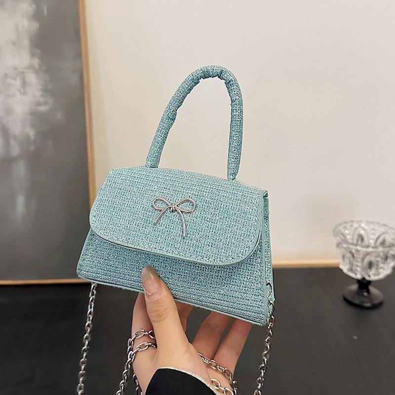 2025 New Bow High-end Fairy Simple High-value Shoulder Messenger Bag Silk Thread Shiny Small Square Bag