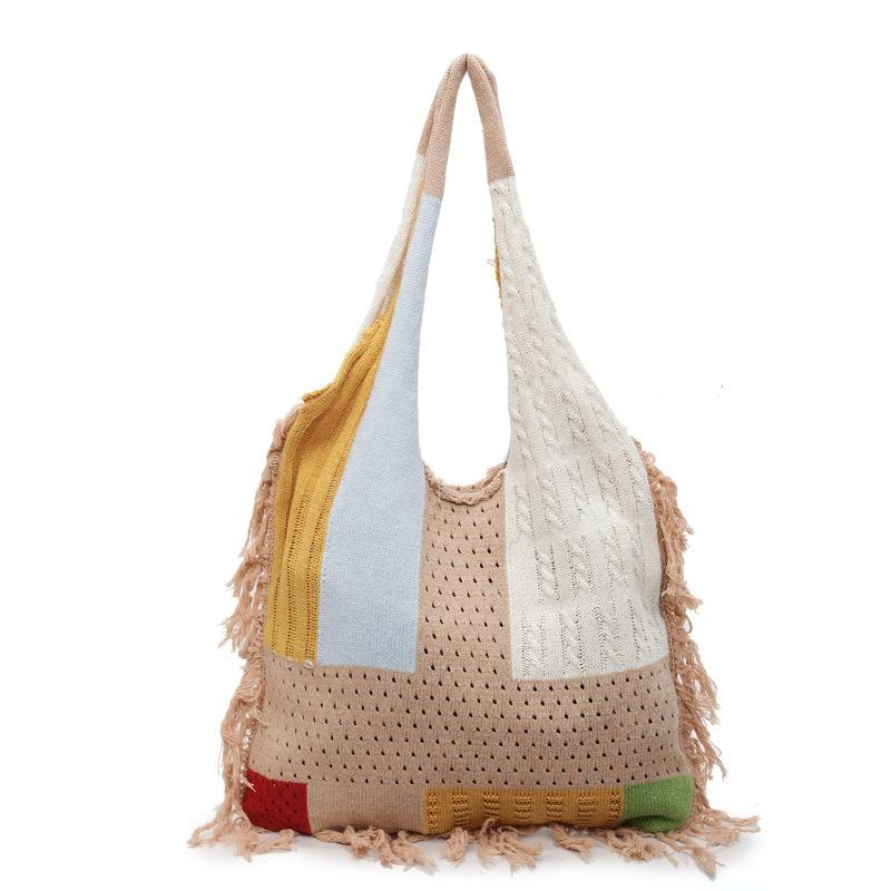 

New Senmeng niche retro design fringed splicing literary wool knitted bag contrasting color shoulder tote bag one size fits all хакі