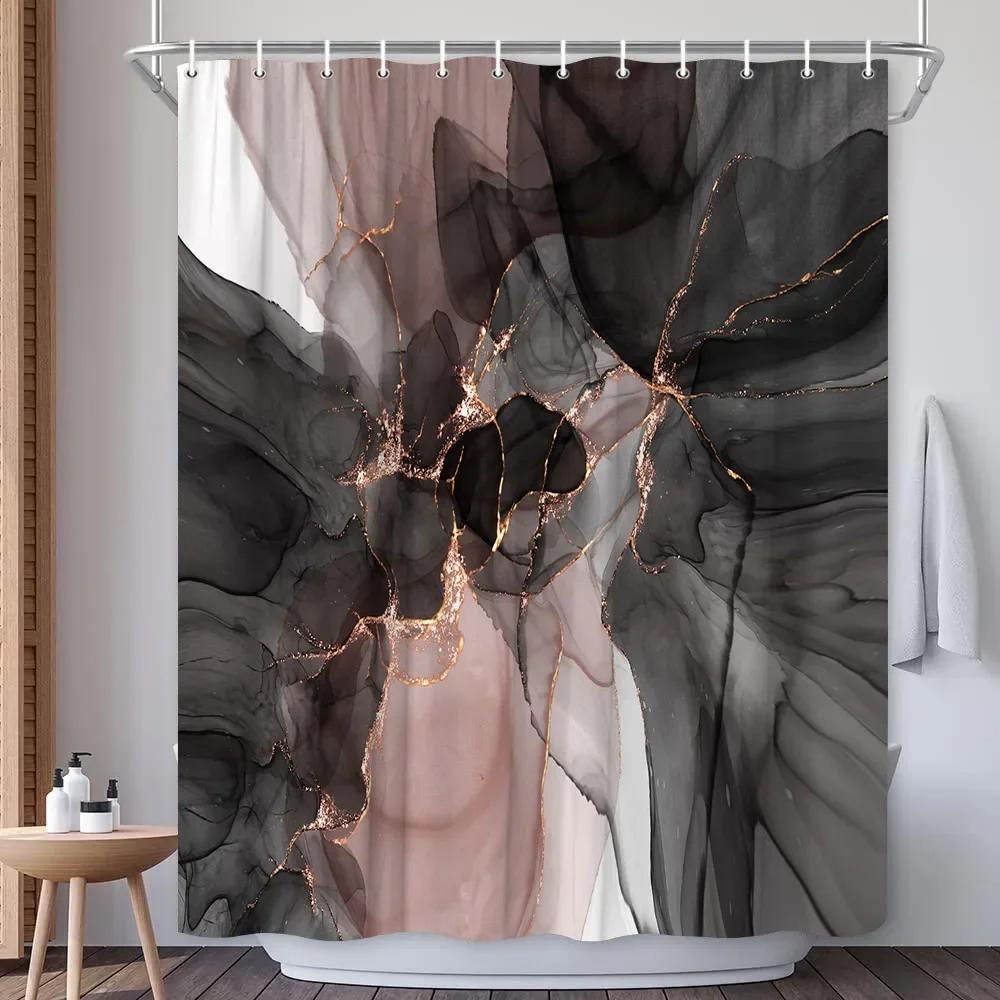 Abstract Navy Blue Gold Marble Shower Curtain Modern Luxury Golden Cracked Lines Fabric Bathroom Curtain Fashion Decor with Hook