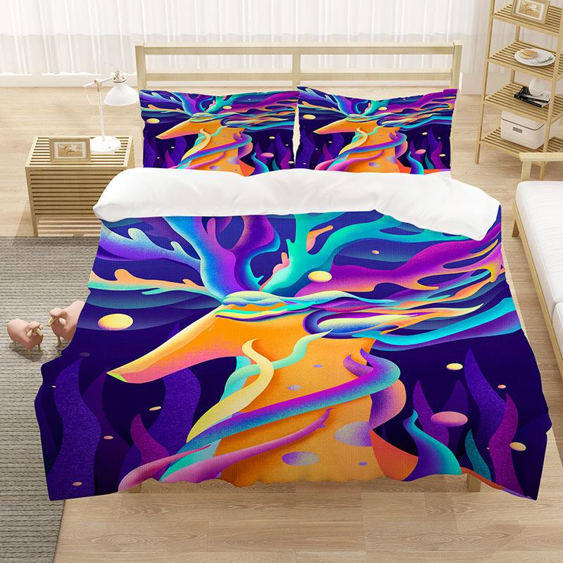 Cartoon King Queen Duvet Cover Painted Art Style Bedding Set for Kids Teens Adults Purple Girl Cat 2/3pcs Polyester Quilt Cover