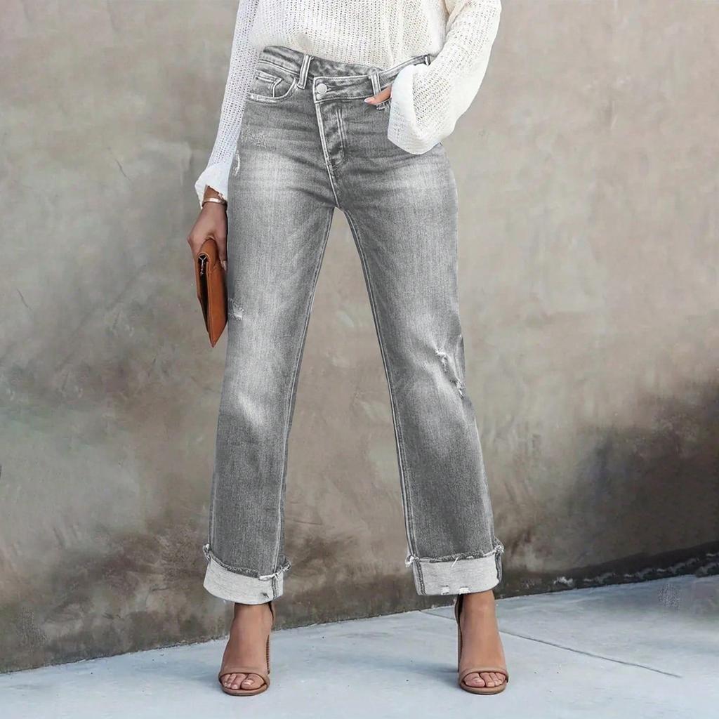 Ladies' Solid Color Casual Versatile Mid Waist Straight Leg Denim Straight Leg Jeans With Fringed Edges