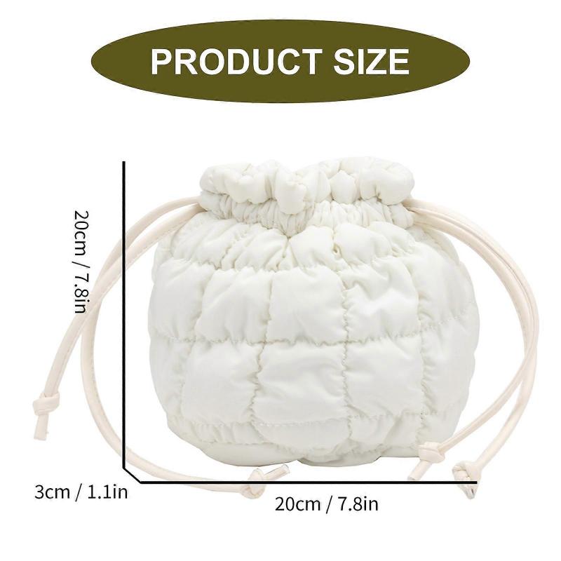 Women's Quilted Puffer Bucket Bag Drawstring Closure Creative Shoulder Crossbody Bag for Daily Commute and Outdoor White