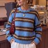 Casual Color Block Striped Pullover Women's O-neck Long Sleeve Loose Fleece Top Spring New Lady Vintage Outdoor Wear