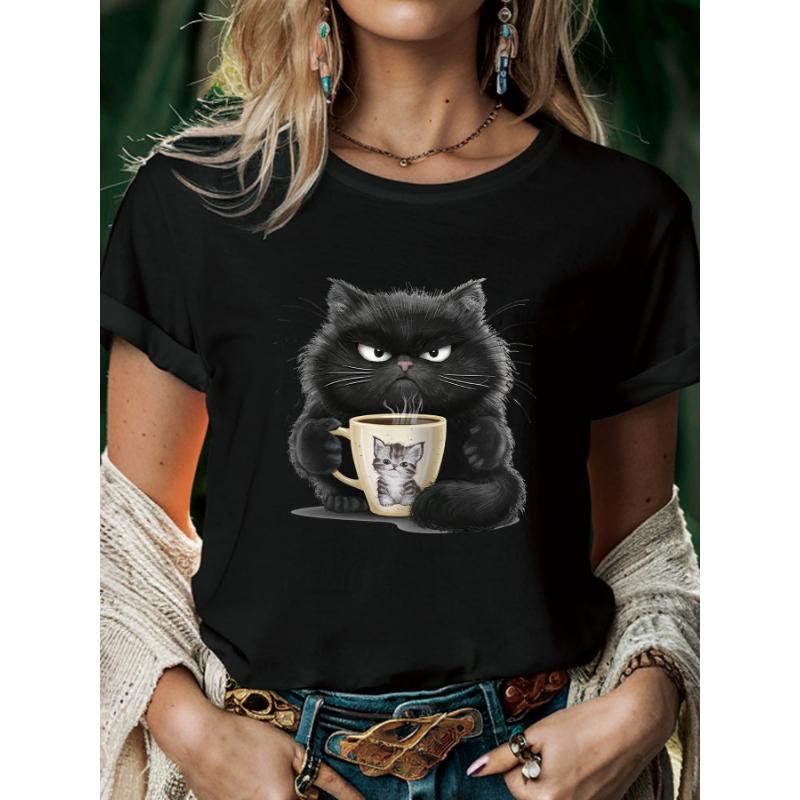 Femeii drăguț cafea bea pisică tricou vară moda mânecă scurtă tricou tee topuri O-gât casual tricou haine pentru femei