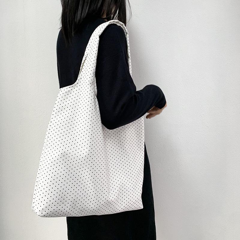 Retro Polka Dot Canvas Tote Bag - Versatile, Large Capacity Shoulder Bag for Women and College Students