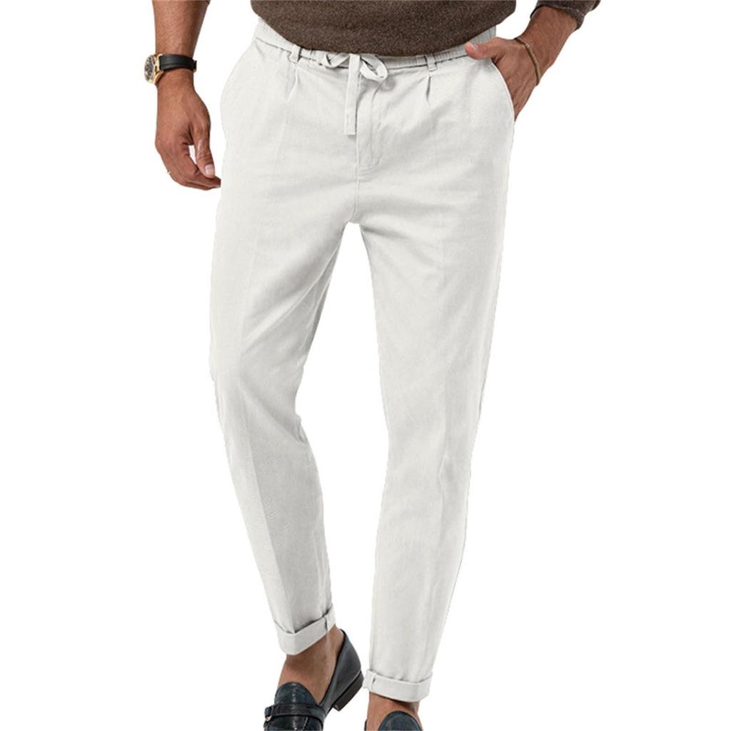Erkek Daralan Paça Pantolon Günlük Keten Pantolon Elastik Bel Slim Fit Plaj Yoga İş Hafif Pamuklu Cepli Pantolon
