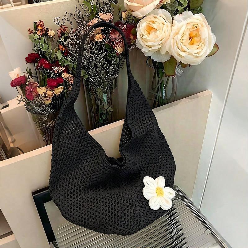 Bolso Tote Casual para Mujer Calado Tejido de Mimbre Bolsos de Mano Hechos a Mano para Señora Gran Capacidad Verano Playa Decoración Floral Bolso de Hombro para Mujer