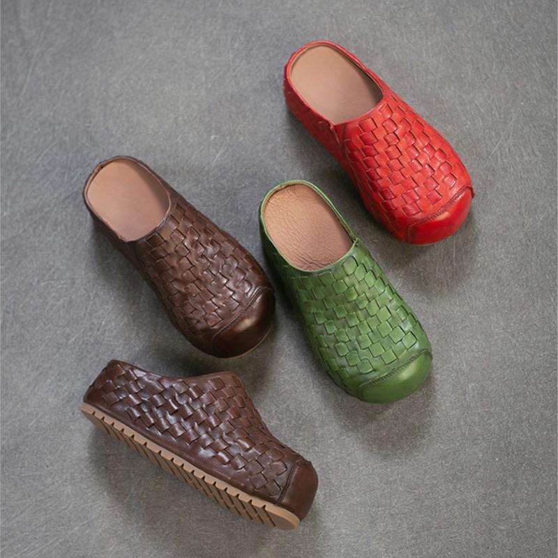 Johnature Handmade Woven Round Toe Outdoor Platform Slippers Genuine Leather Versatile Women's Shoes