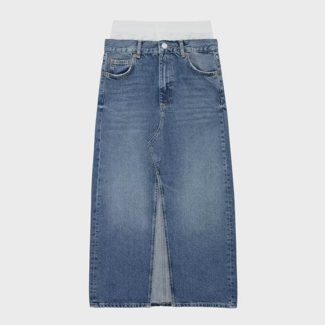 

2023 Autumn Women s Denim Boxer Brief Skirt with Front Slit S