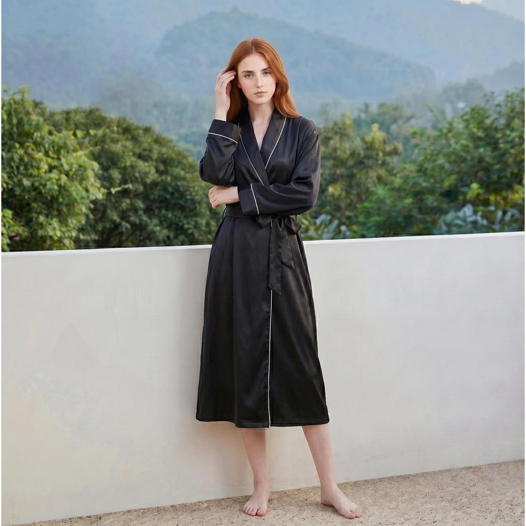 New Arrival Satin Solid Smooth Finish Unlined Contrast Trim Stylish Waist Tie Women's Pajamas Set