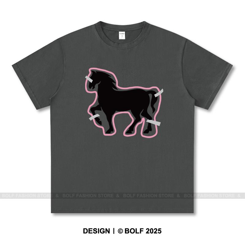 Women's Paper-Cut Art Horse Printed T-Shirt 100% Cotton Oversized Folk Graphic Tees for Men Summer Tops Cultural Streetwear
