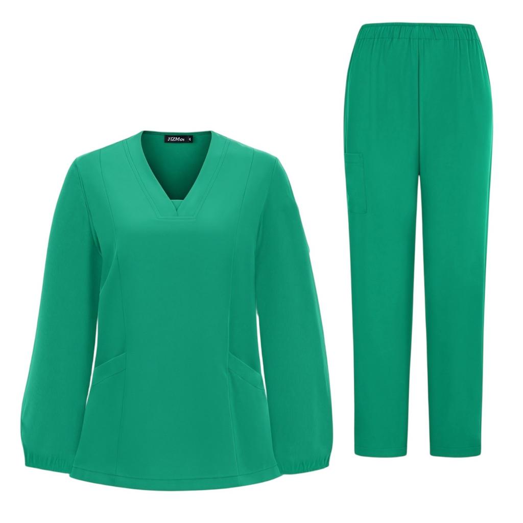Women's Quick Drying Fabric Solid Color V-neck Pocket Long Sleeve Pants Set Workwear