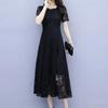 Women's Summer Short Sleeve Hollow Out Lace Dress Slim Round Neck A-Line Mid-calf Dresses