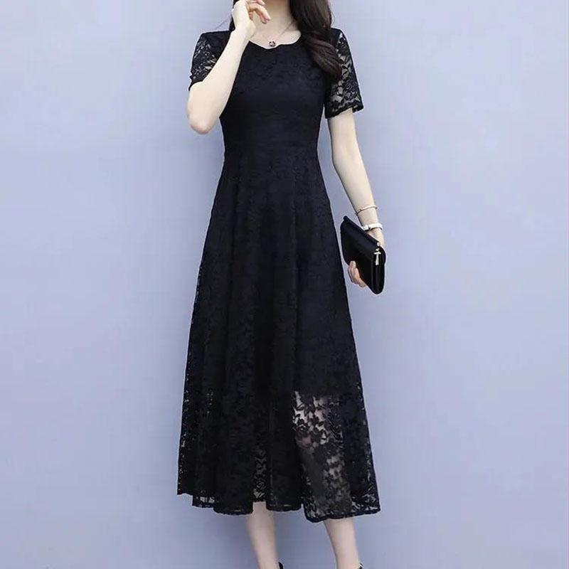 Women's Summer Short Sleeve Hollow Out Lace Dress Slim Round Neck A-Line Mid-calf Dresses
