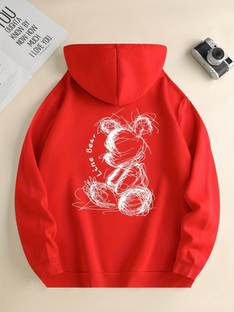Fashionable men's autumn minimalist teddy bear print soft and comfortable hooded sweatshirt outdoor urban high street clothing