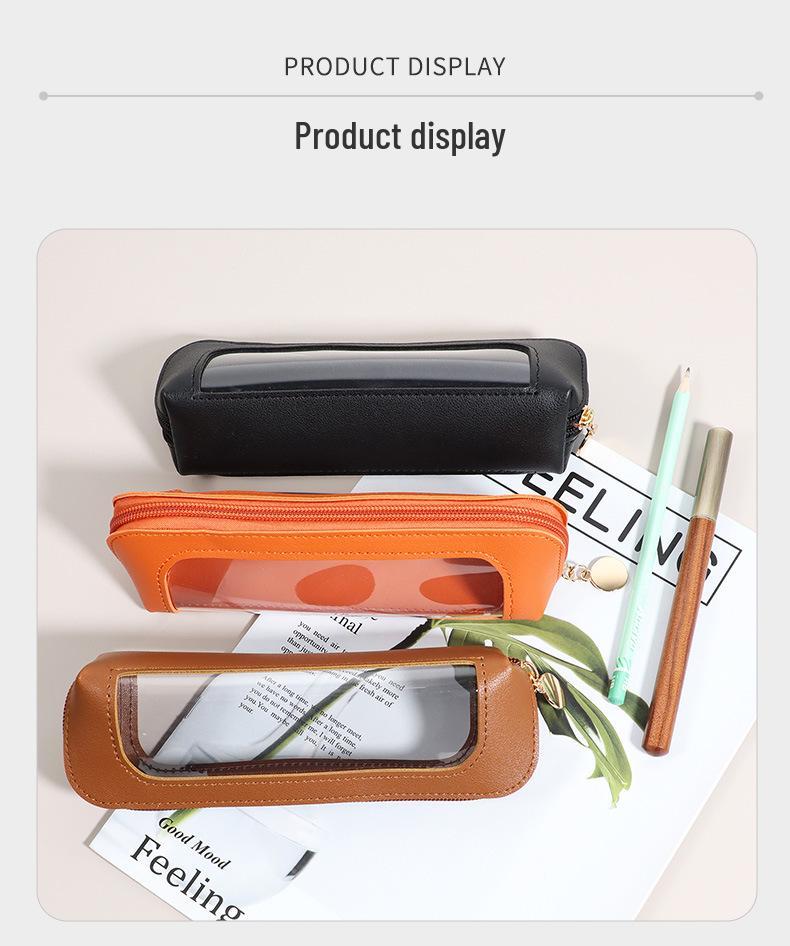 Transparent PU Leather Pencil Case with Window - 3D Stationery & Makeup Bag, Portable Storage Box