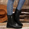 Round Toe, Low Heel, Side Zipper, Large Mid Length, Retro Knight Leather Boots for Women, Fashionable and Versatile Shoes