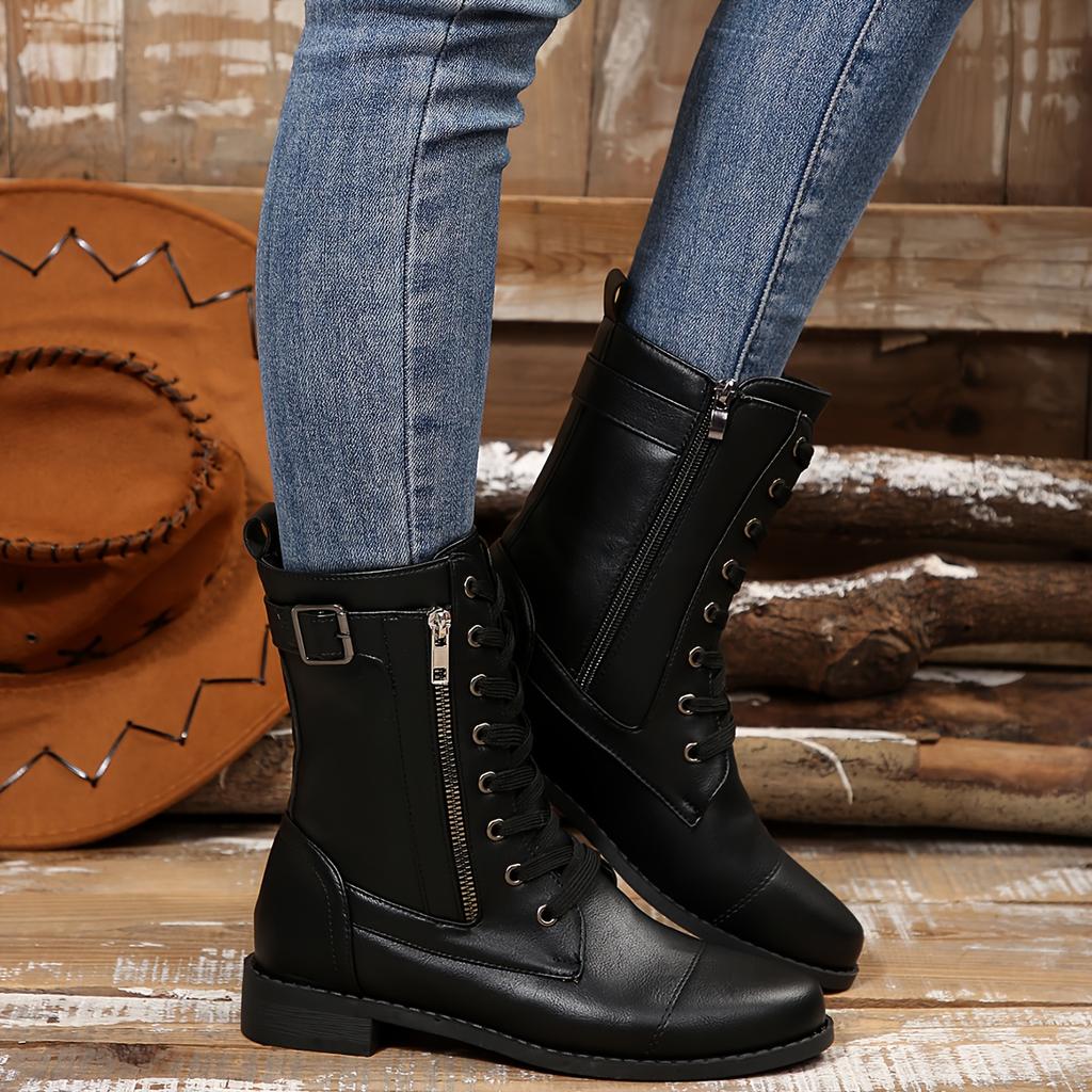 Round Toe, Low Heel, Side Zipper, Large Mid Length, Retro Knight Leather Boots for Women, Fashionable and Versatile Shoes