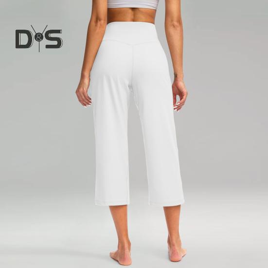 Pantaloni de Yoga pentru Femei Elastici cu Talie Înaltă, cu Picior Larg, Pantaloni Crop cu Buzunare, Pantaloni Stil Sportiv Casual