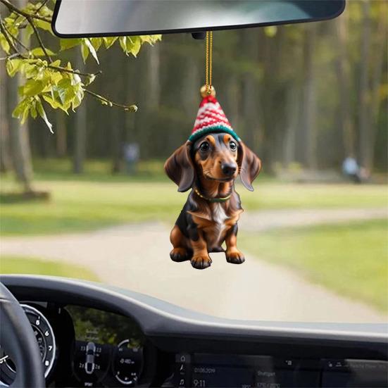 1/7Pcs Christmas Acrylic Dachshund Hanging Decoration Car Rearview Mirror Xmas Tree 2D Flat Santa Hat Dog Hanging Ornament Holiday Party Pendant