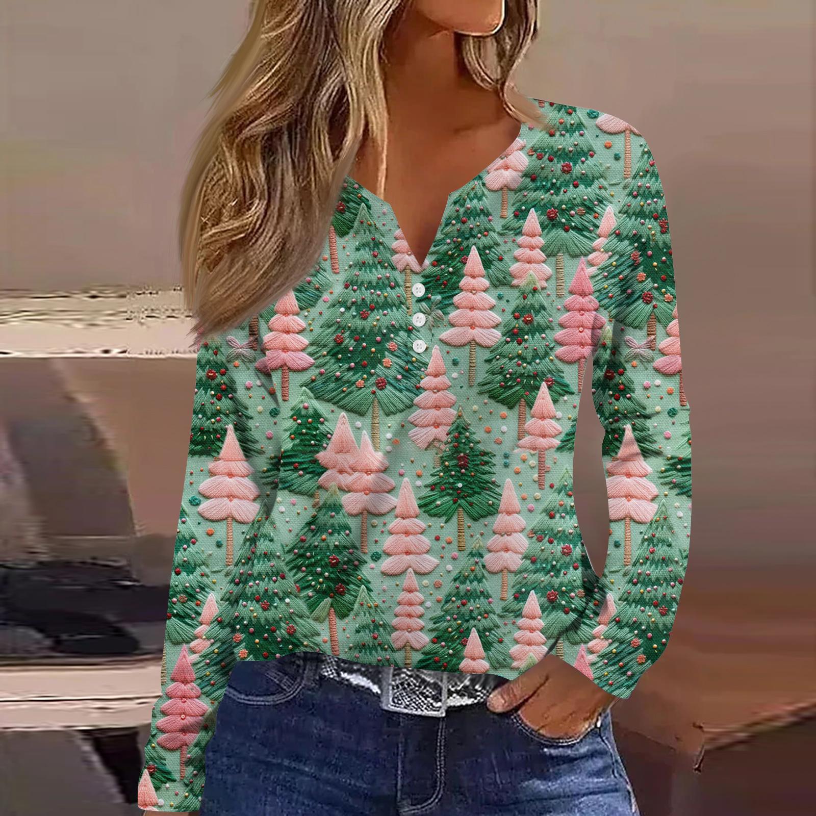 

Женская модная повседневная футболка с V-образным вырезом, на пуговицах, с длинным рукавом, с рождественским принтом XL зелёный
