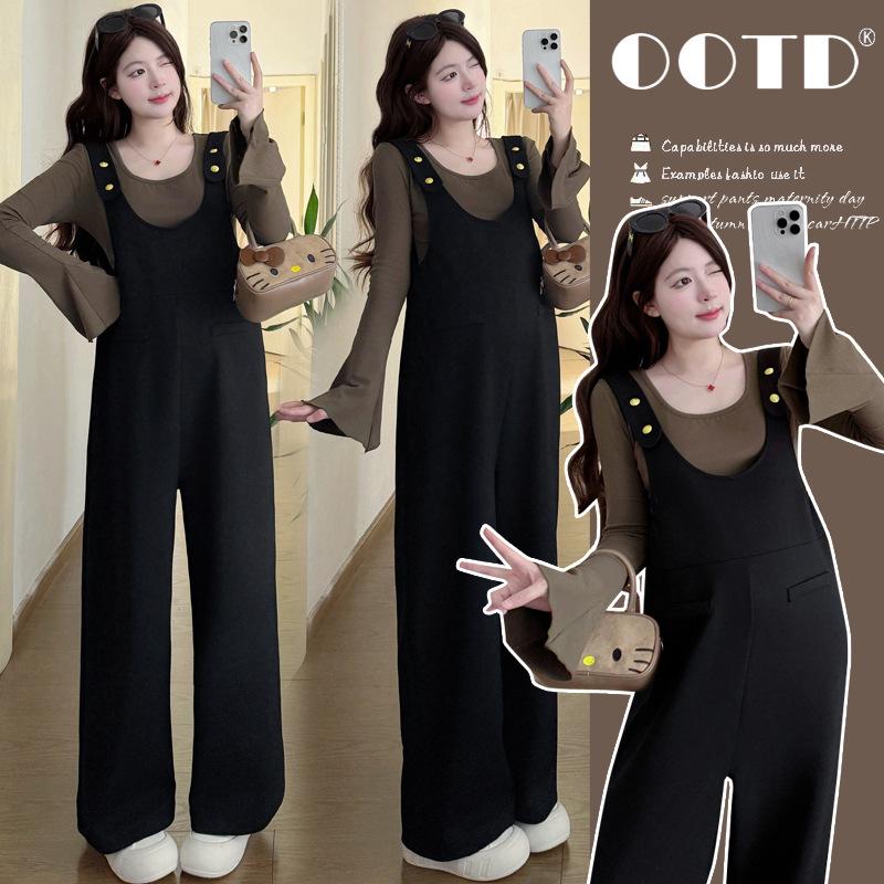 

2026 Spring British Style Flare Sleeve Top & Loose Maternity Overalls Set XL