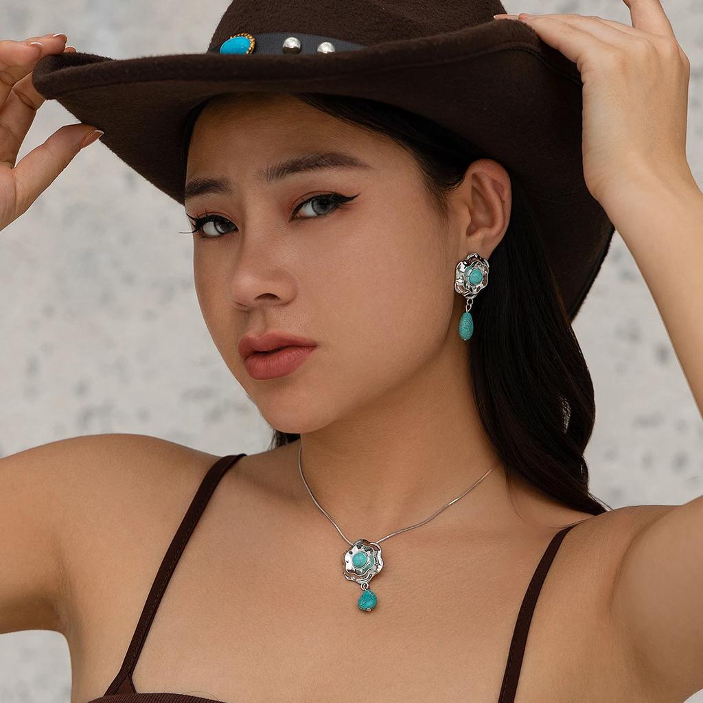 New Fashion Ethnic Flower Water Drop Blue Stone Pendant Choker Necklace Stud Earrings for Women Jewelry Set Wed Accessories Gift