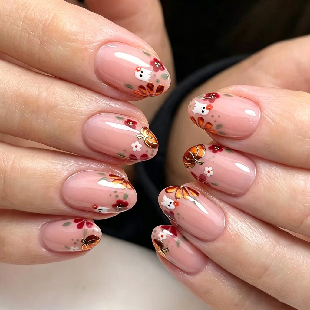 24Pcs Halloween Red Almond Nails Set Press On Spider Web Pattern Round Head False Nails Bat Fake Wearable Nail Tips Supplies
