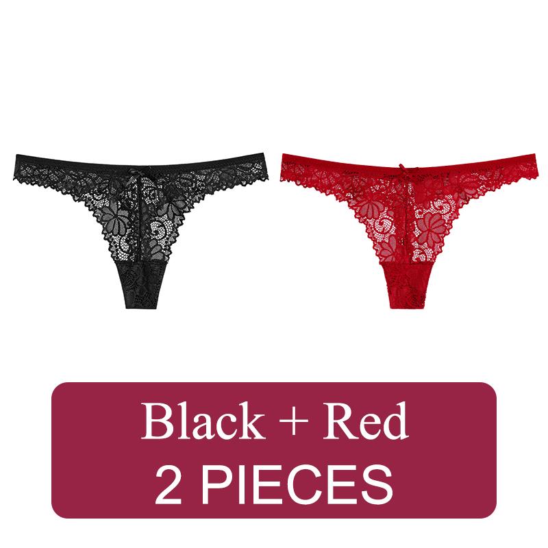 2 Pcs Sexy Lace Thong Low Waist Lace Transparent Panties Women Hollow Out Breathable G String Briefs Bow Underwear Lingerie