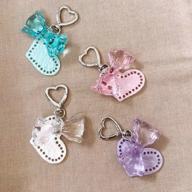 Fashionable Heart Shaped Keyring Multi Hole Detailing Acrylic Alloy Bowknot Key Charm Compact Daily Carry Companion