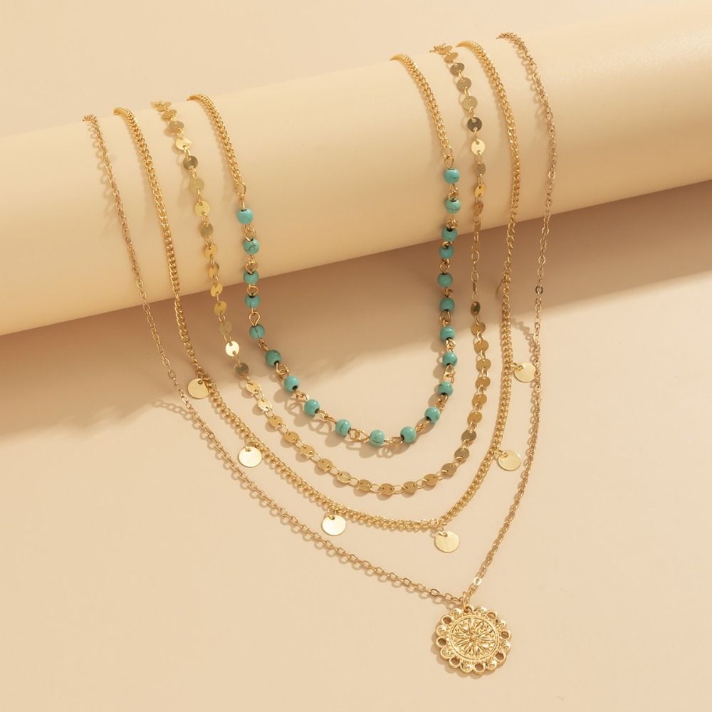 Ethnic Style Turquoise Stone Necklace Golden Multi-layer Necklace Retro Jewelry Set  Women
