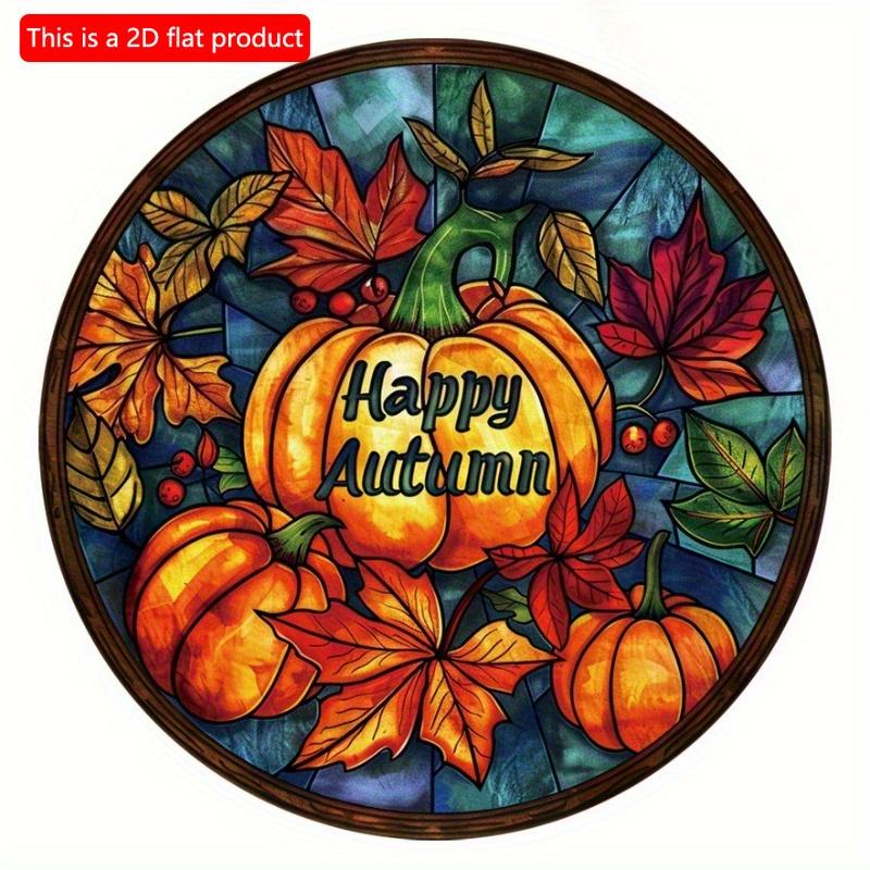 2d Flat 20*20cm, Autumn Decoration, Hello Autumn, Autumn Harvest Maple Leaves Pumpkin Wooden Circular Logo, for Home, Cafe, Bedroom, Office Wall Decor
